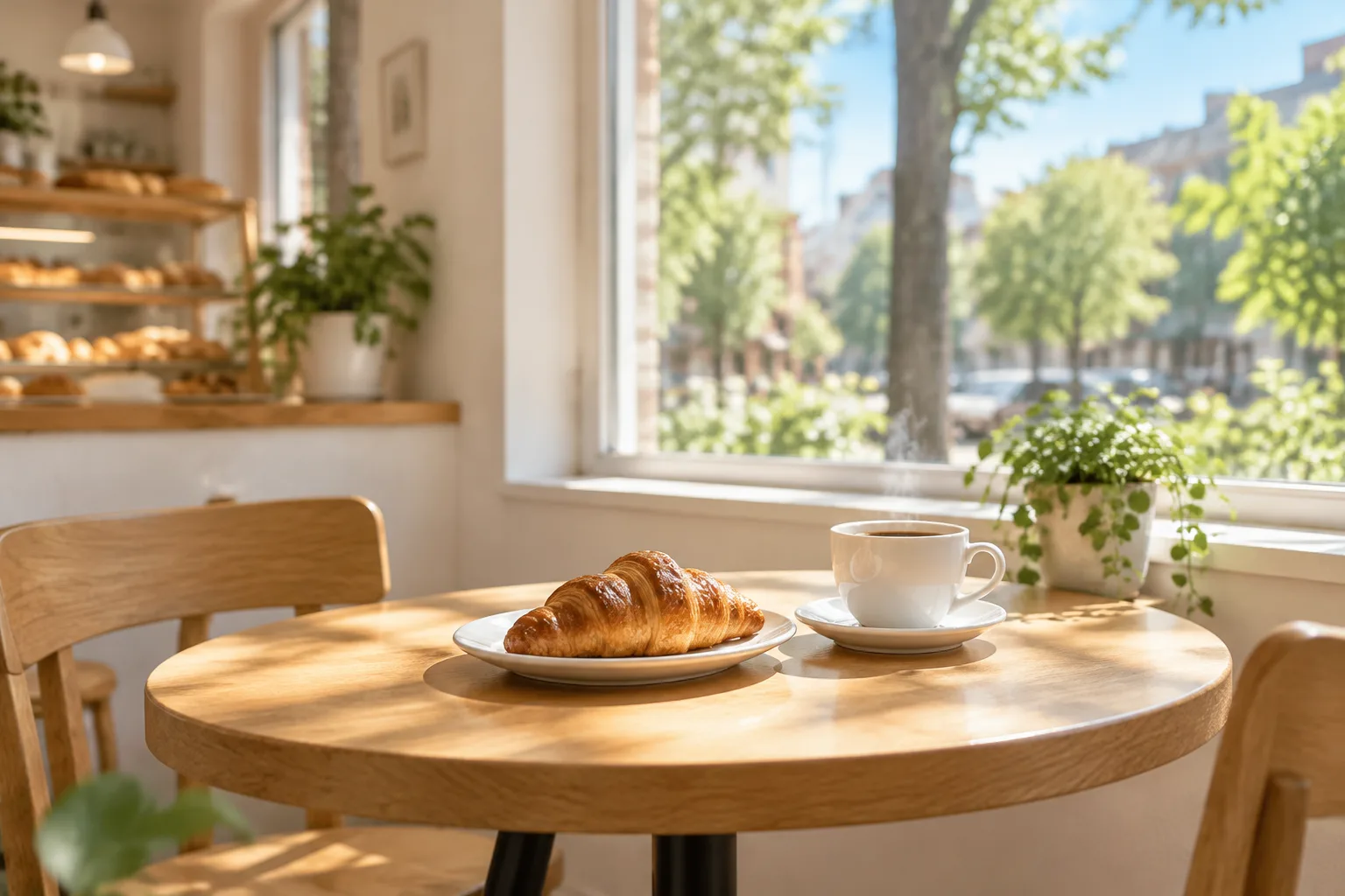 窓ぎわの小さなテーブルに、コーヒーとクロワッサン