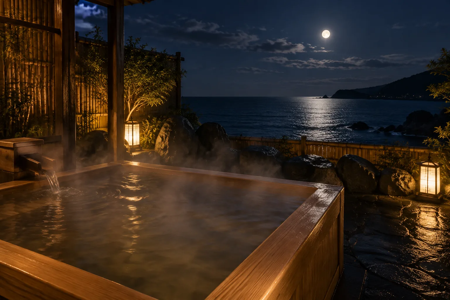月をうつす、檜の湯
