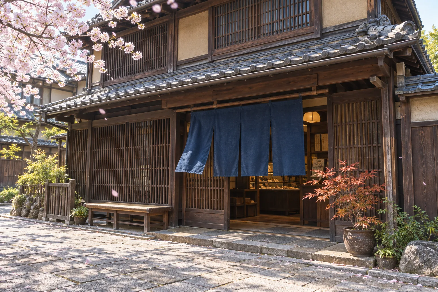 藍の暖簾がかかる、しのはらの店先