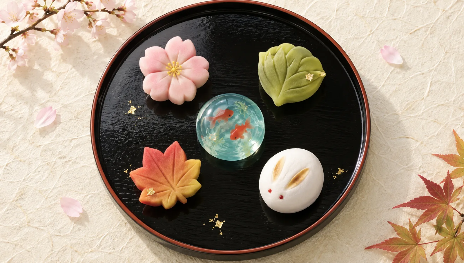 漆の盆にのった、桜・金魚・紅葉・雪うさぎの上生菓子