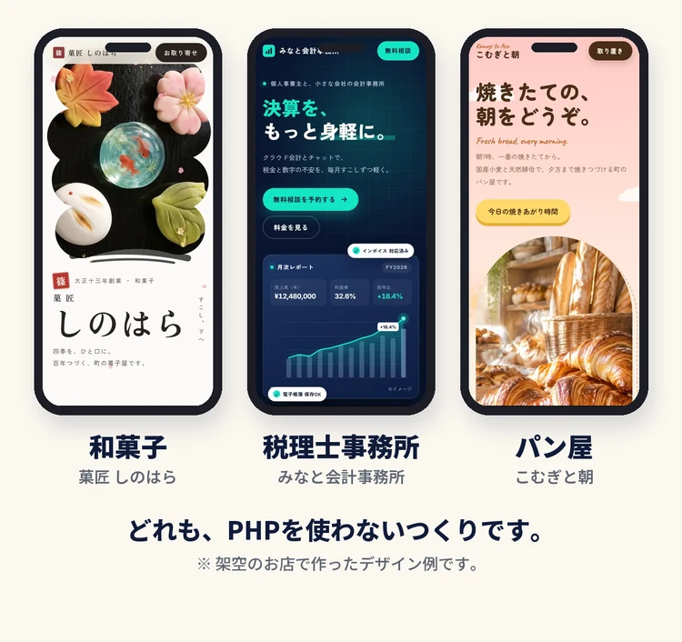 和菓子 菓匠 しのはら 税理士事務所 みなと会計事務所 パン屋 こむぎと朝 どれも、PHPを使わないつくりです。 ※ 架空のお店で作ったデザイン例です。