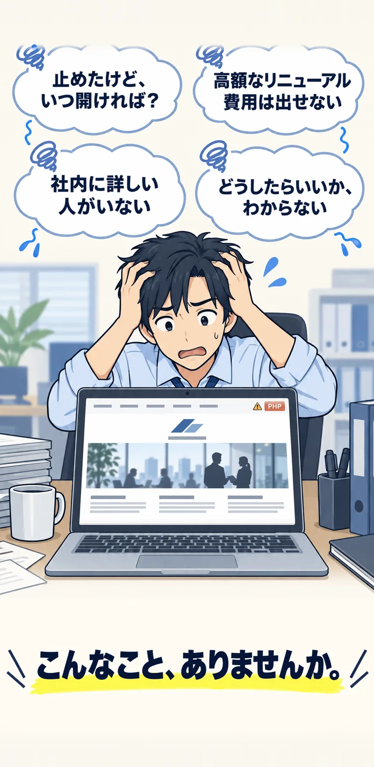 止めたけど、いつ開ければ？ 高額なリニューアル費用は出せない 社内に詳しい人がいない どうしたらいいか、わからない こんなこと、ありませんか。
