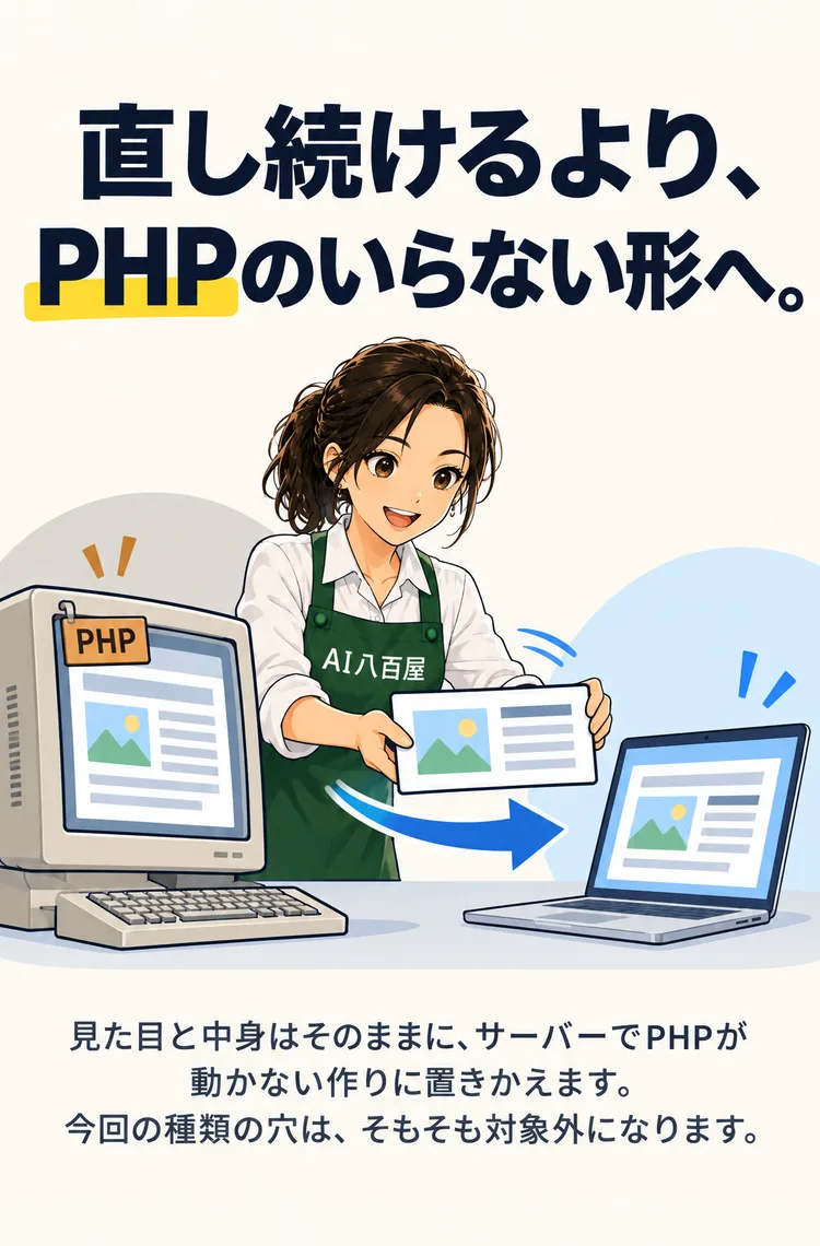 直し続けるより、PHPのいらない形へ。 見た目と中身はそのままに、サーバーでPHPが動かない作りに置きかえます。今回の種類の穴は、そもそも対象外になります。