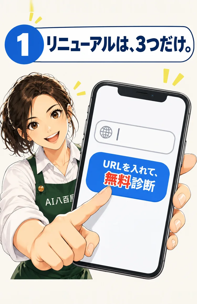 リニューアルは、3つだけ。 1 URLを入れて、無料診断