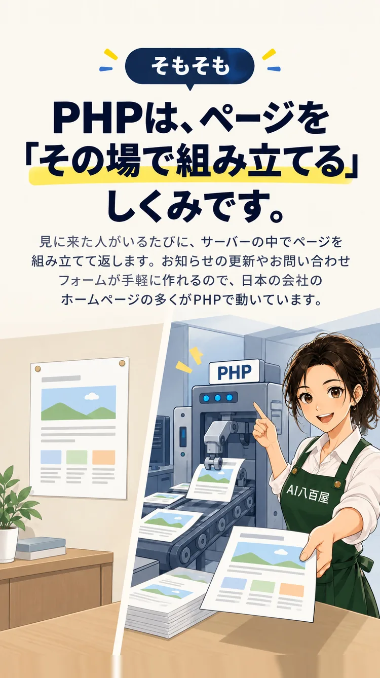 そもそも PHPは、ページを「その場で組み立てる」しくみです。 見に来た人がいるたびに、サーバーの中でページを組み立てて返します。お知らせの更新やお問い合わせフォームが手軽に作れるので、日本の会社のホームページの多くがPHPで動いています。