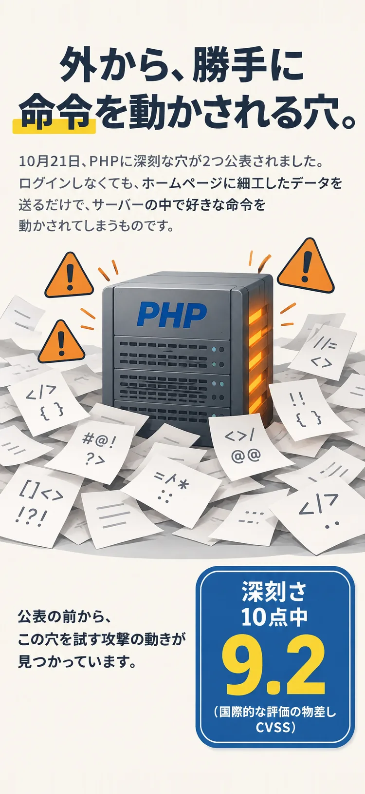 外から、勝手に命令を動かされる穴。 10月21日、PHPに深刻な穴が2つ公表されました。ログインしなくても、ホームページに細工したデータを送るだけで、サーバーの中で好きな命令を動かされてしまうものです。 深刻さ 10点中 9.2（国際的な評価の物差し CVSS） 公表の前から、この穴を試す攻撃の動きが見つかっています。