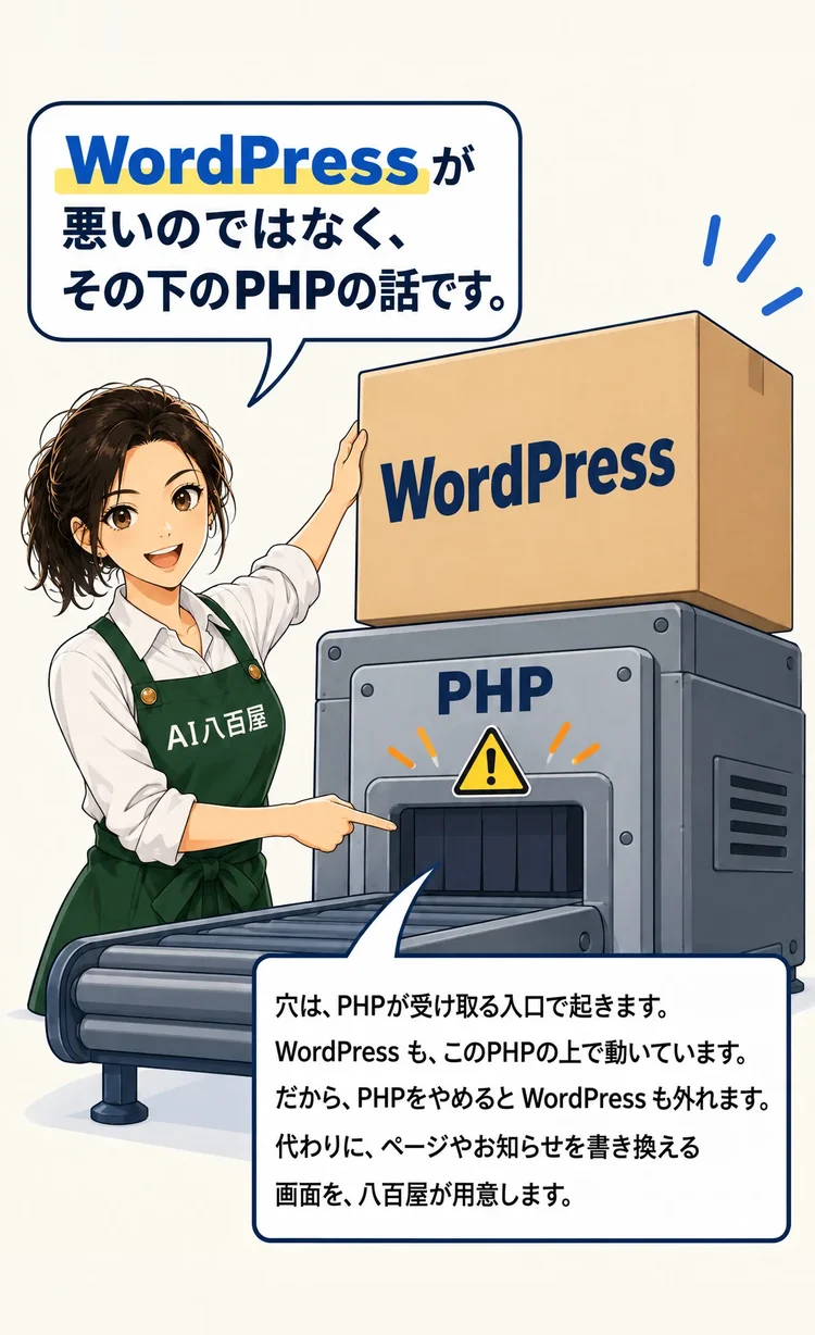 WordPress が悪いのではなく、その下のPHPの話です。 穴は、PHPが受け取る入口で起きます。WordPress も、このPHPの上で動いています。だから、PHPをやめると WordPress も外れます。代わりに、ページやお知らせを書き換える画面を、八百屋が用意します。