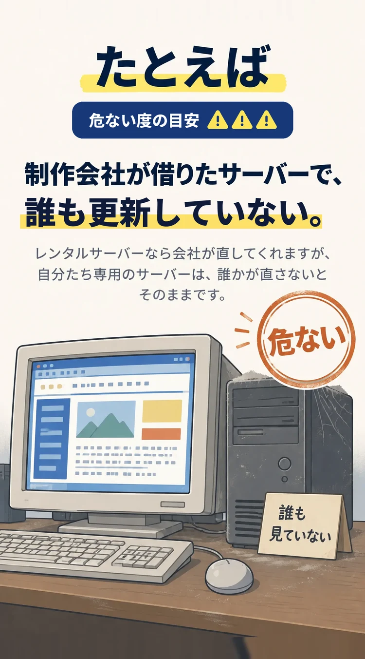 たとえば 危ない度の目安 ★★★ 制作会社が借りたサーバーで、誰も更新していない。 レンタルサーバーなら会社が直してくれますが、自分たち専用のサーバーは、誰かが直さないとそのままです。