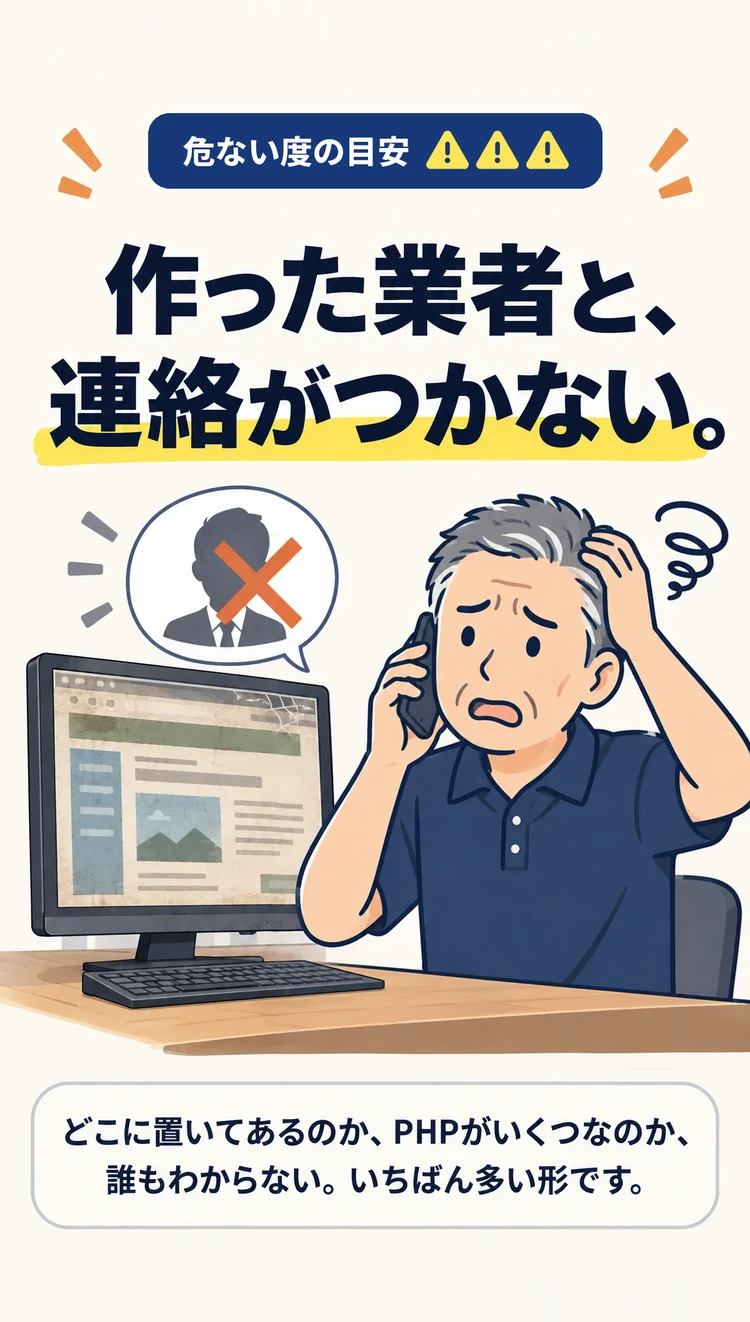 危ない度の目安 ★★★ 作った業者と、連絡がつかない。 どこに置いてあるのか、PHPがいくつなのか、誰もわからない。いちばん多い形です。