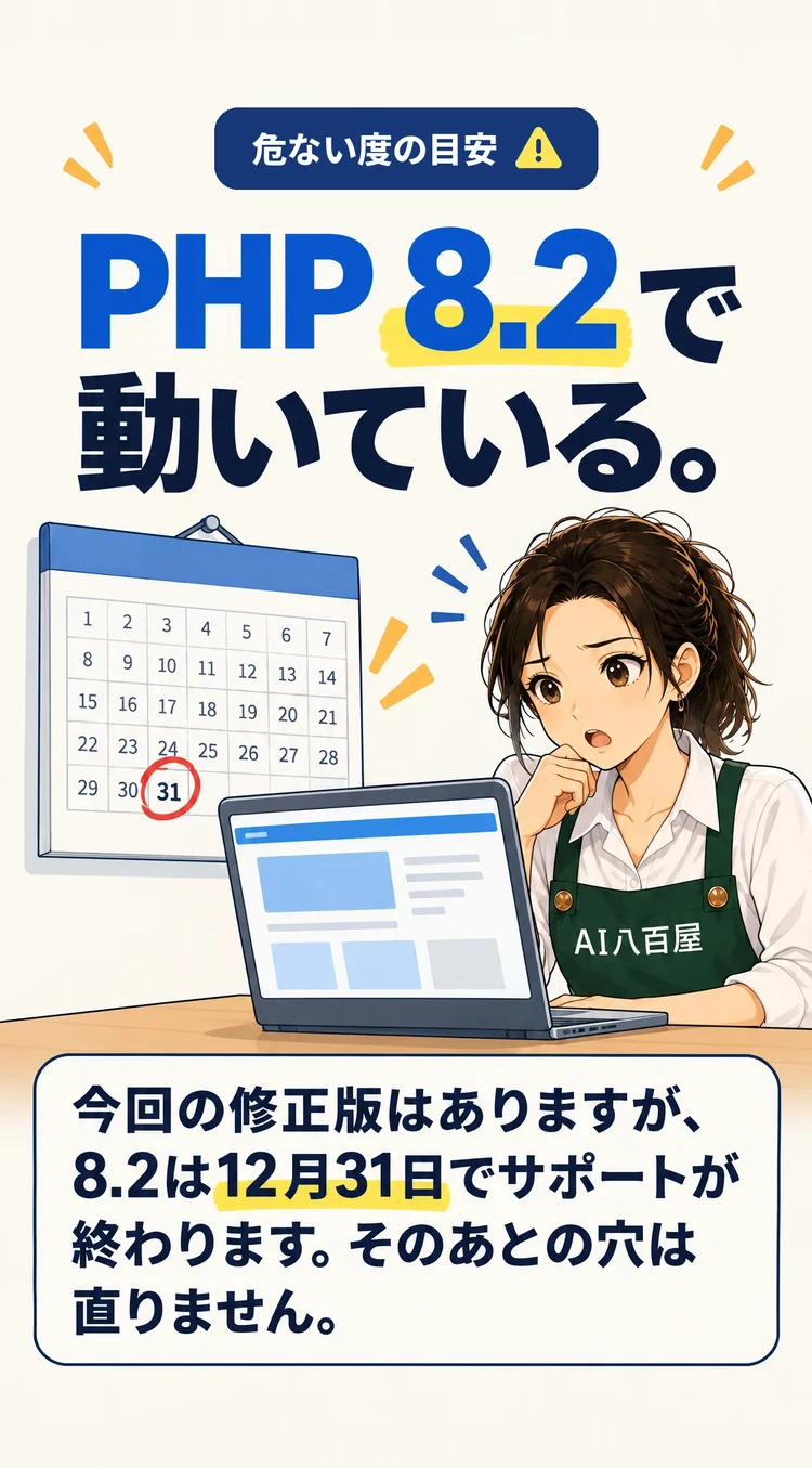 危ない度の目安 ★ PHP 8.2 で動いている。 今回の修正版はありますが、8.2は12月31日でサポートが終わります。そのあとの穴は直りません。