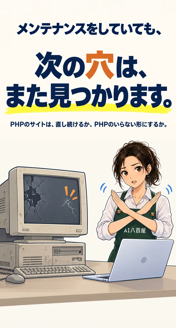 メンテナンスをしていても、 次の穴は、また見つかります。 PHPのサイトは、直し続けるか、PHPのいらない形にするか。
