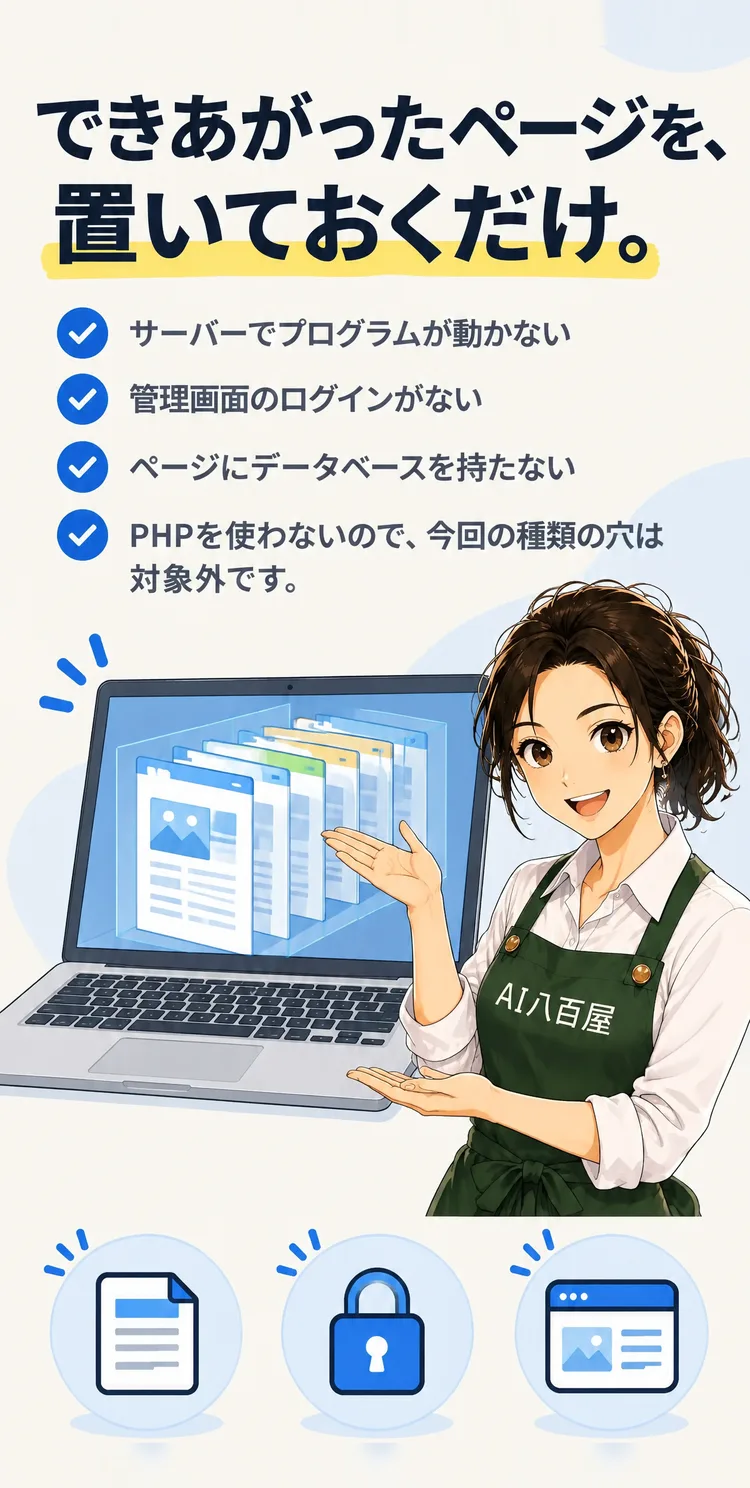 できあがったページを、置いておくだけ。 サーバーでプログラムが動かない 管理画面のログインがない ページにデータベースを持たない PHPを使わないので、今回の種類の穴は対象外です。