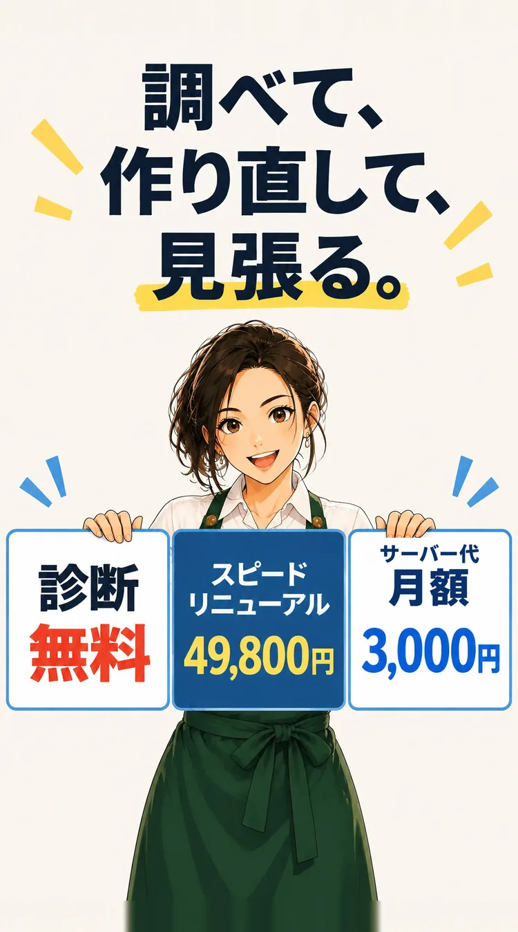 調べて、作り直して、見張る。 診断 無料 スピードリニューアル 49,800円 サーバー代 月額 3,000円