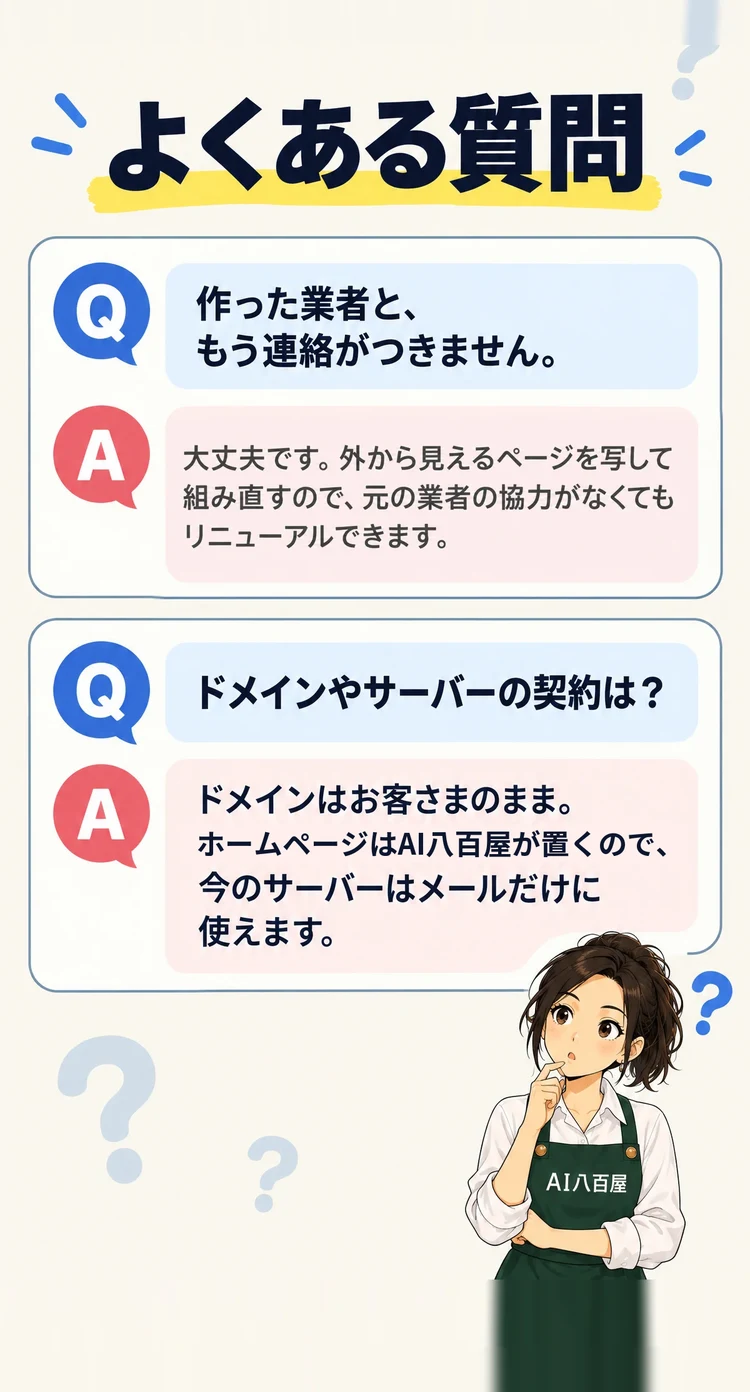 よくある質問 作った業者と、もう連絡がつきません。 大丈夫です。外から見えるページを写して組み直すので、元の業者の協力がなくてもリニューアルできます。 ドメインやサーバーの契約は？ ドメインはお客さまのまま。ホームページはAI八百屋が置くので、今のサーバーはメールだけに使えます。