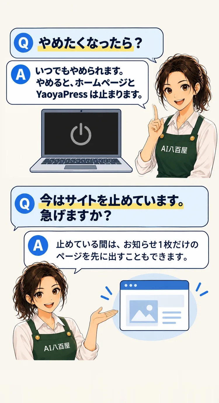 やめたくなったら？ いつでもやめられます。やめると、ホームページと YaoyaPress は止まります。 今はサイトを止めています。急げますか？ 止めている間は、お知らせ1枚だけのページを先に出すこともできます。