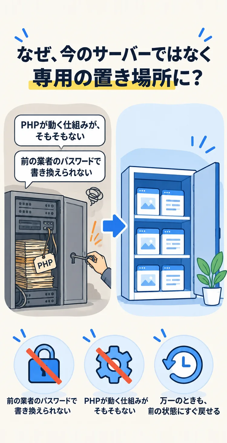 なぜ、今のサーバーではなく専用の置き場所に？ PHPが動く仕組みが、そもそもない 前の業者のパスワードで書き換えられない 万一のときも、前の状態にすぐ戻せる