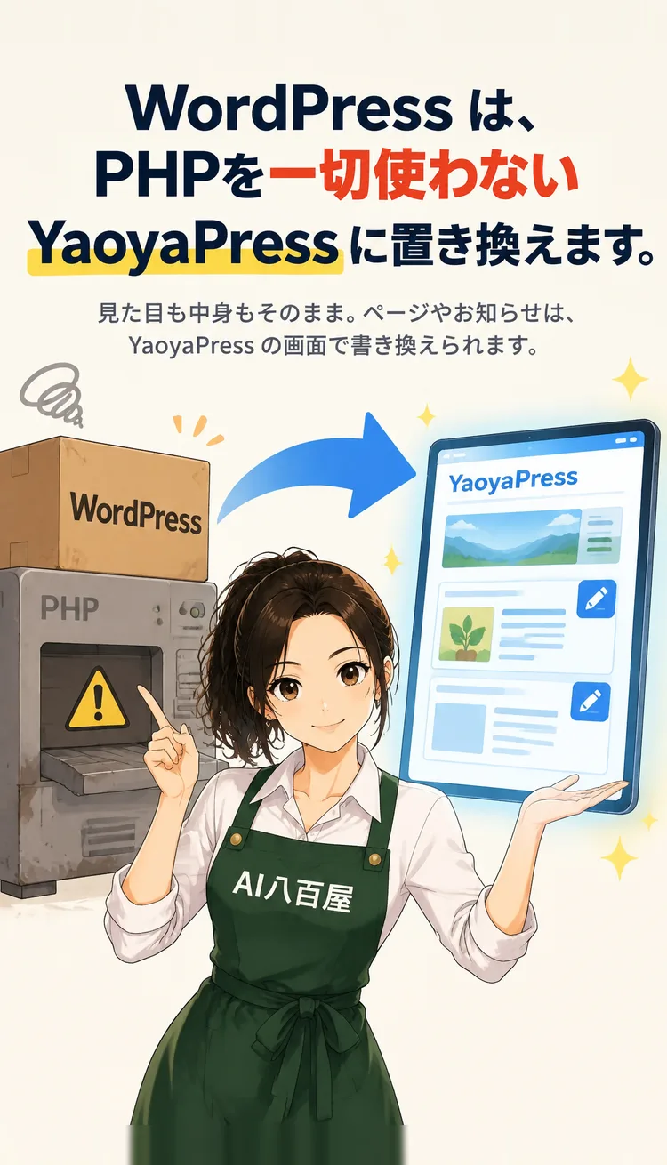 WordPress は、PHPを一切使わない YaoyaPress に置き換えます。 見た目も中身もそのまま。ページやお知らせは、YaoyaPress の画面で書き換えられます。