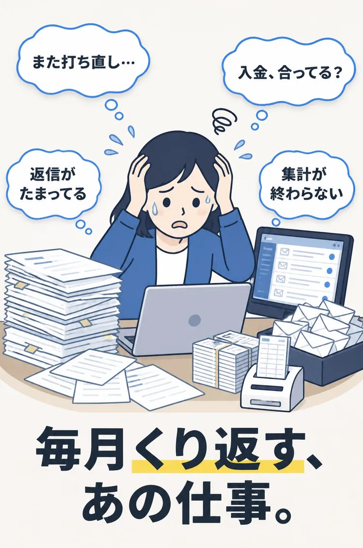 また打ち直し… 入金、合ってる？ 返信がたまってる 集計が終わらない 毎月くり返す、あの仕事。