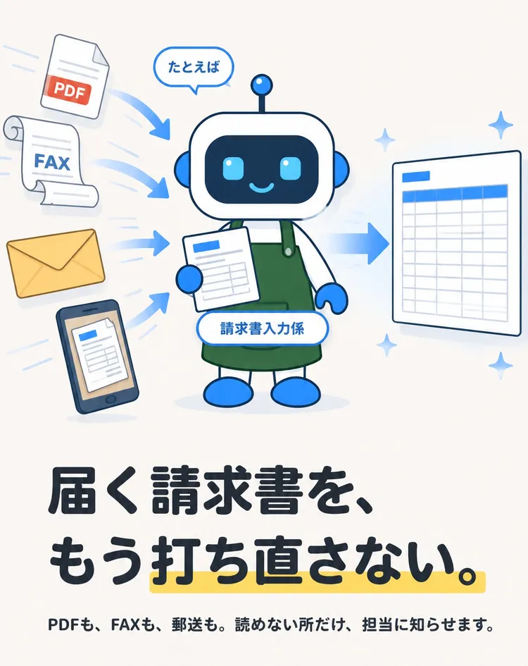 たとえば 請求書入力係 届く請求書を、もう打ち直さない。 PDFも、FAXも、郵送も。読めない所だけ、担当に知らせます。