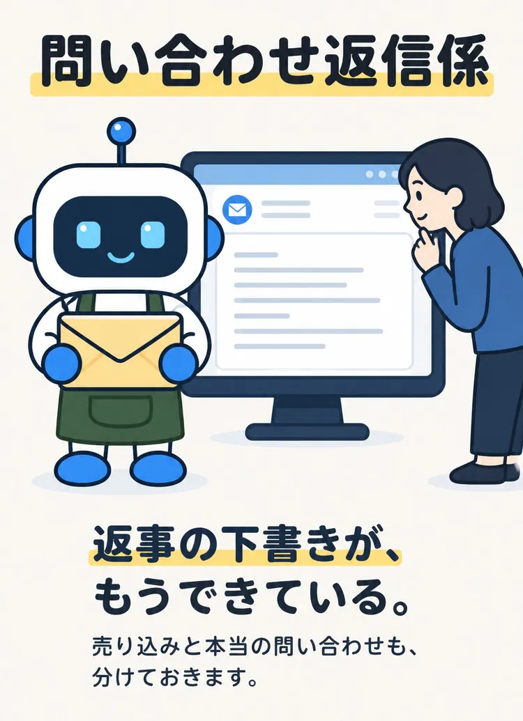 問い合わせ返信係 返事の下書きが、もうできている。 売り込みと本当の問い合わせも、分けておきます。
