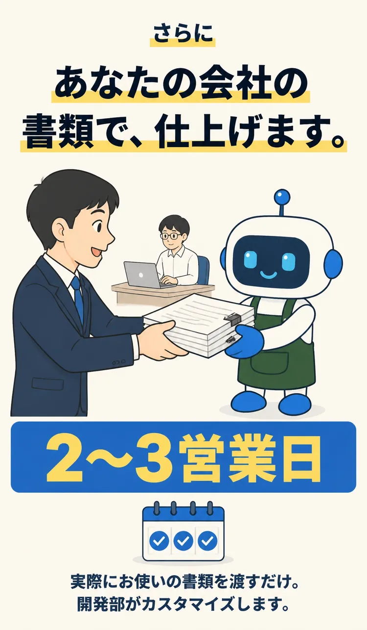 さらに あなたの会社の書類で、仕上げます。 2〜3営業日 実際にお使いの書類を渡すだけ。開発部がカスタマイズします。