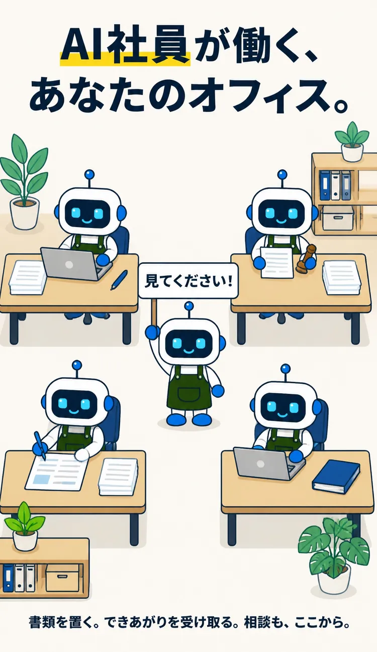 AI社員が働く、あなたのオフィス。 見てください！ 書類を置く。できあがりを受け取る。相談も、ここから。