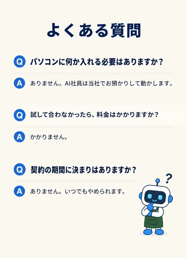 よくある質問 パソコンに何か入れる必要はありますか？ ありません。AI社員は当社でお預かりして動かします。 試して合わなかったら、料金はかかりますか？ かかりません。 契約の期間に決まりはありますか？ ありません。いつでもやめられます。