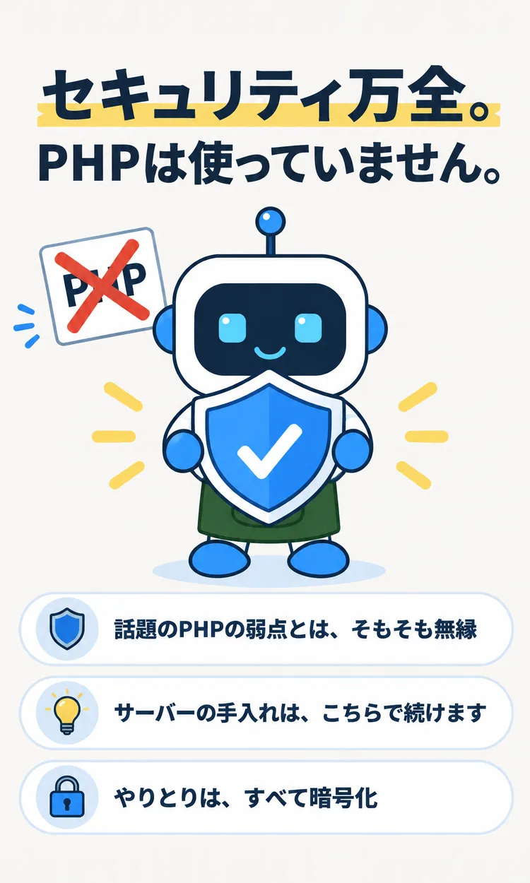 セキュリティ万全。PHPは使っていません。 話題のPHPの弱点とは、そもそも無縁 サーバーの手入れは、こちらで続けます やりとりは、すべて暗号化
